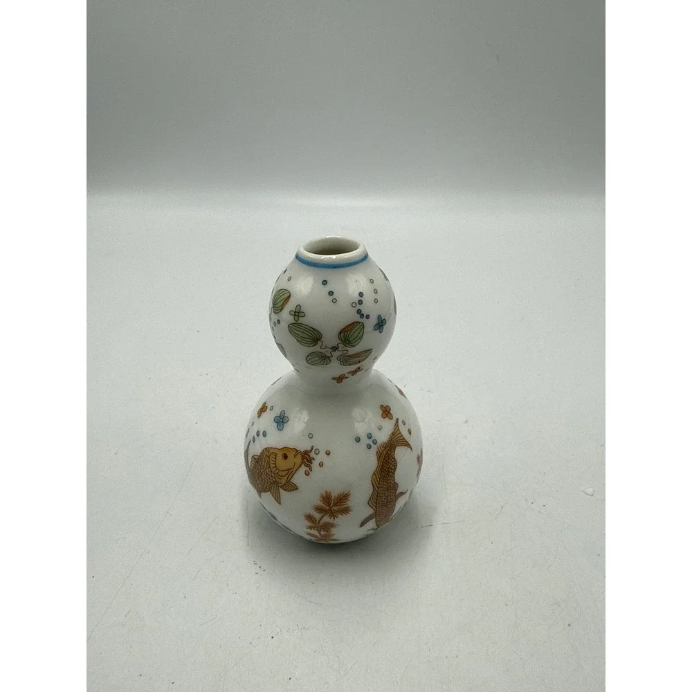 Miniature Porcelain Double Gourd Vase Koi Fish Hand Painted White Ceramic 3 Inch